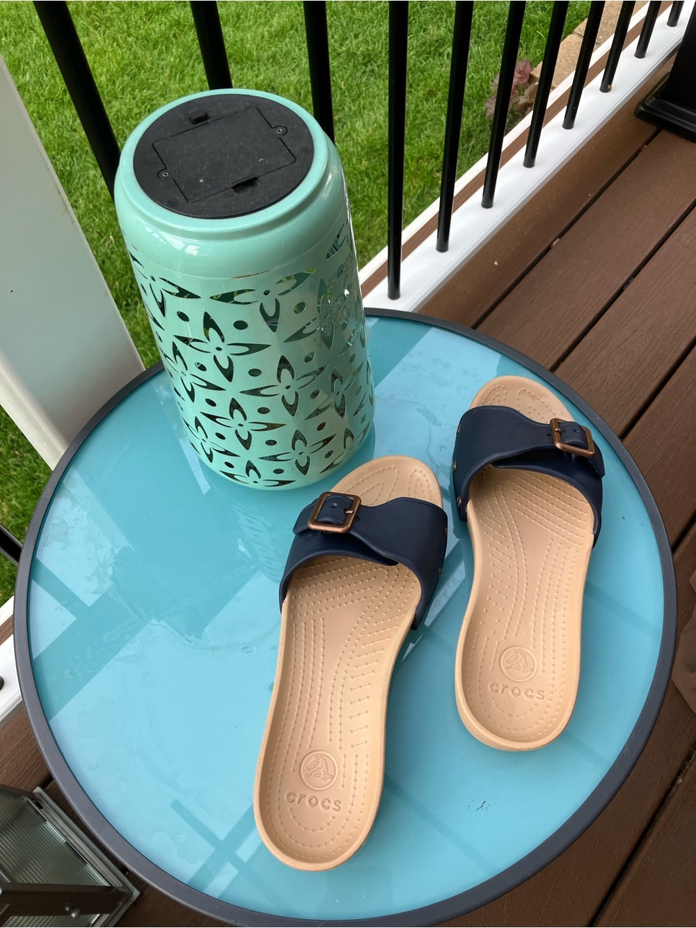 CROCS Navy Slide Sandals with Tan Footbed and Gold Buckle